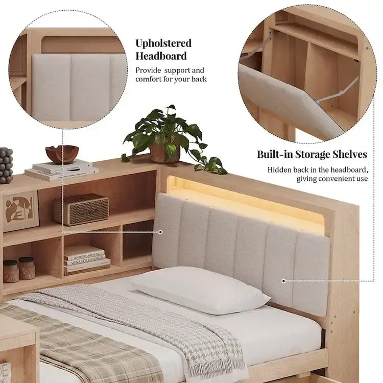 L-Shaped Wooden Sofa Daybed with Desk, Bookcase Cabinet, Corner Bed with Under-Bed Drawers, Upholstered Headboard Built-in Light