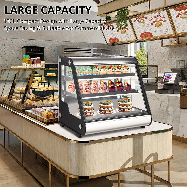 Commercial Refrigerator Display Case 130L (4.6 Cu. Ft.) - Auto Defrost, Tempered Glass + LED Lighting, Countertop Commercial Use