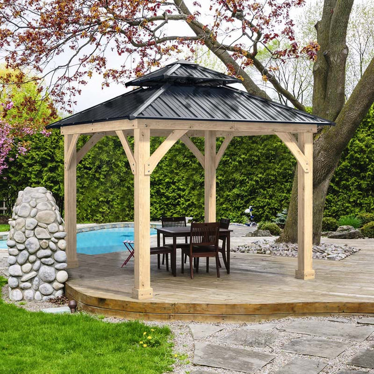 10 X Ft Outdoor Patio Hardtop Gazebo with Wood Frame & 2-Tier Metal Roof, All-Weather Gazebo Pergolas Shelter