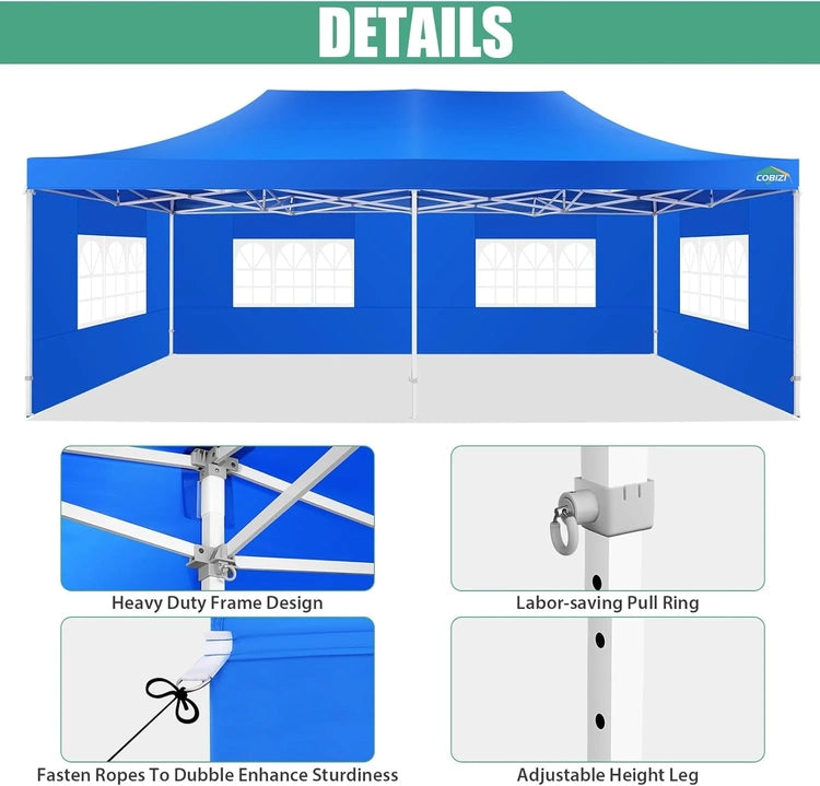 Cobizi 10x20 Heavy Duty Pop up Canopy Tent with 6 Sidewalls Easy up Commercial Outdoor Canopy Wedding Party Tents