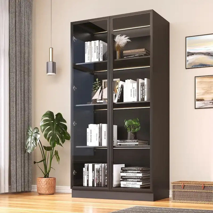 Display Storage Cabinet, Display Cabinet with Tempered Glass Doors, Showcase with 4-Tier Storage Shelves