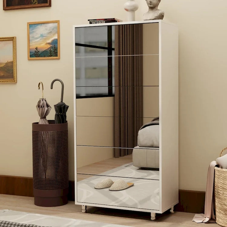 Mirror Shoe Cabinet with 6 Flip Drawers, Shoe Rack Organizer Store Ample Shoes,4 Metal Legs, Hand-Touch Flip-Out Door