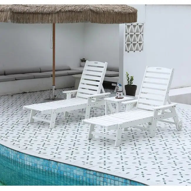 3-Piece Patio Set 2 Oversized Chaise Lounges (5-Position, Wheels, Cup Holder) + Side Table, All-Weather Wood Texture