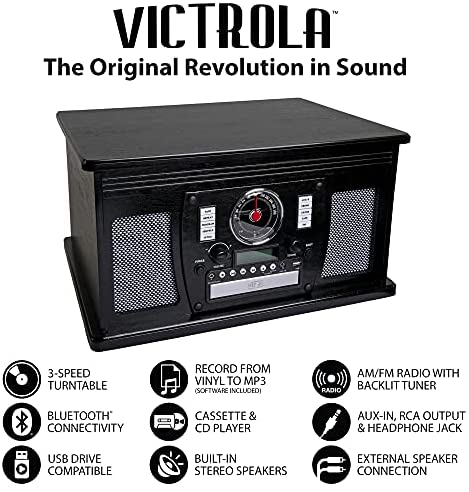 Victrola 8-in-1 Bluetooth Record Player & Multimedia Center, Built-in Stereo Speakers - Turntable, Wireless Music Streaming