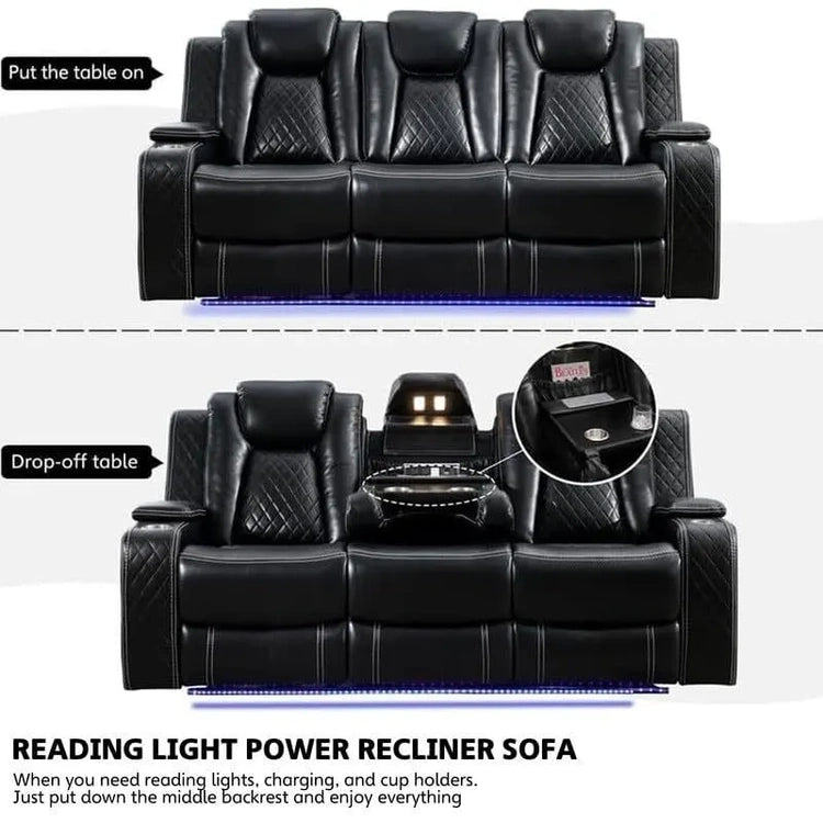 Power Reclining Sofa with Wireless Charger, Reading Light for Living Room, Faux Leather LED Light, Ac/usb Port, Cup Holder, Black
