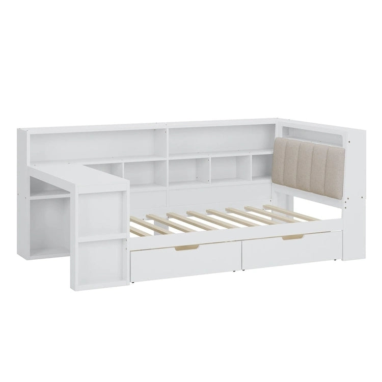L-Shaped Wooden Sofa Daybed with Desk, Bookcase Cabinet, Corner Bed with Under-Bed Drawers, Upholstered Headboard Built-in Light