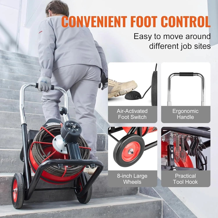 Drain Cleaner Machine 100FT X 1/2 Inch, Auto Feed Sewer Snake Auger on Wheels, 550W Portable Drain Cleaning Machine
