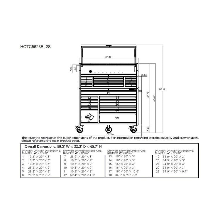 56 In. W X 22 In. D Heavy Duty 23-Drawer Combination Rolling Tool Chest and Top Tool Cabinet Set in Matte Blue