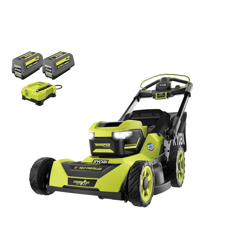 Ryobi 40V HP Brushless 21-in Self-Propelled Awd Lawn Mower - Whisper Series - Includes (2) 6.0Ah Batteries and Charger