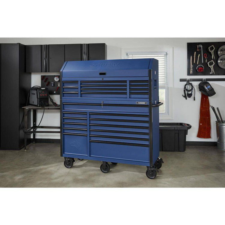 56 In. W X 22 In. D Heavy Duty 23-Drawer Combination Rolling Tool Chest and Top Tool Cabinet Set in Matte Blue