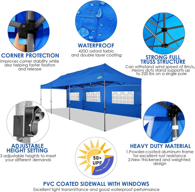 Cobizi 10x20 Heavy Duty Pop up Canopy Tent with 6 Sidewalls Easy up Commercial Outdoor Canopy Wedding Party Tents