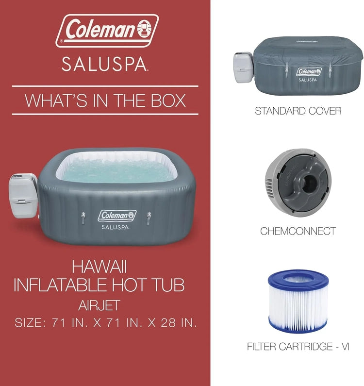Coleman Saluspa Atlantis Airjet 4 to 6 Person Inflatable Hot Tub Square Portable Outdoor Spa with 140 Soothing Jets with Cover, Blue