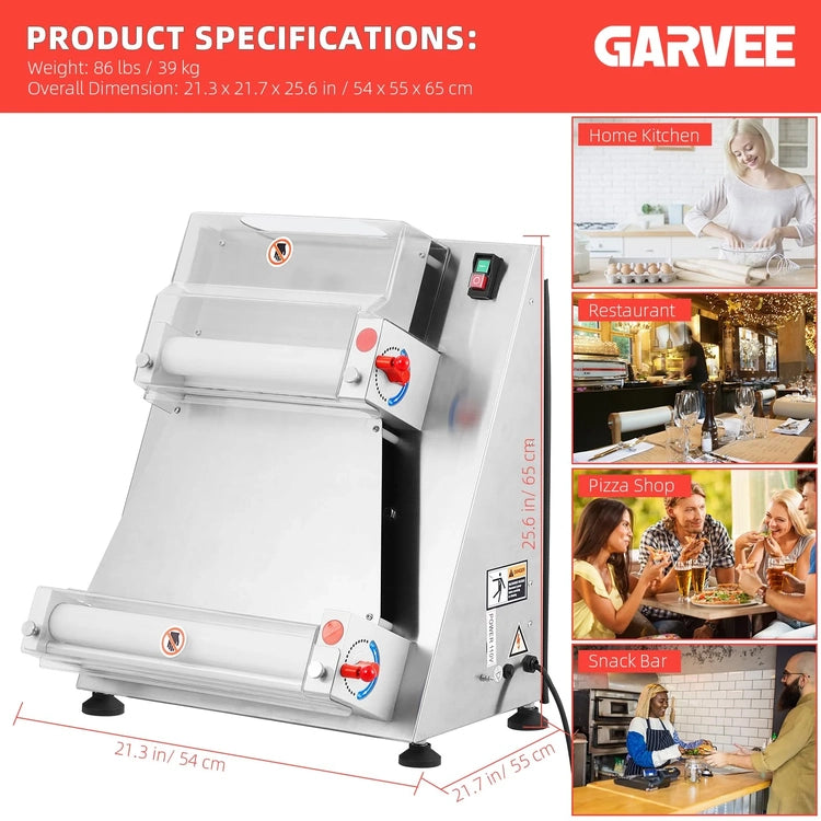 Commercial Pizza Dough Roller Sheeter, Max 16", Automatic 370W Electric Pizza Dough Roller, Stainless Steel, Suitable for Noodle