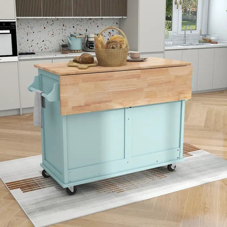 Kitchen Cart with Rubber Wood Drop-Leaf Countertop, Concealed Sliding Barn Door Adjustable Height, Kitchen Island on 4 Wheels