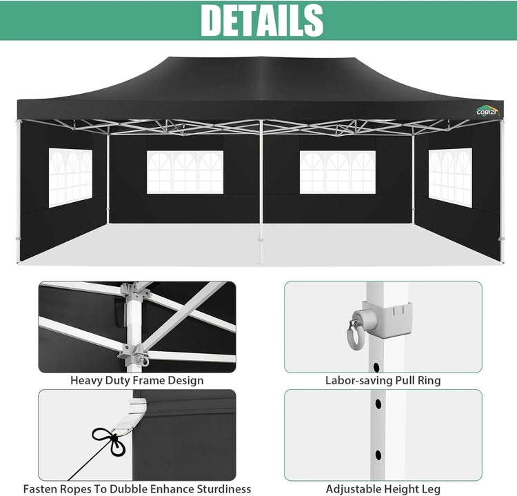 Cobizi 10x20 Heavy Duty Pop up Canopy Tent with 6 Sidewalls Easy up Commercial Outdoor Canopy Wedding Party Tents
