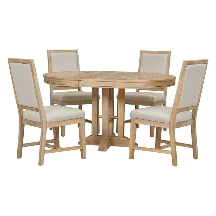 5-Piece Dining Set Extendable Round Table and 4 Upholstered Chairs Farmhouse Dining Set for Kitchen, Dining Room