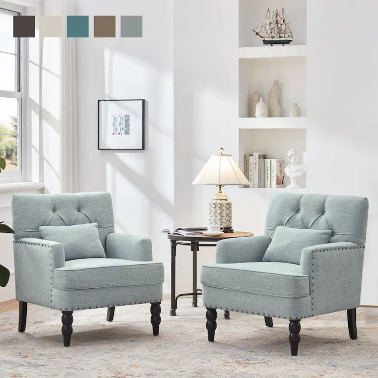Set of 2 Arm Chair Upholstered Button Tufted Accent Chair with Lumbar Pillow Beige/Grey/Light Blue