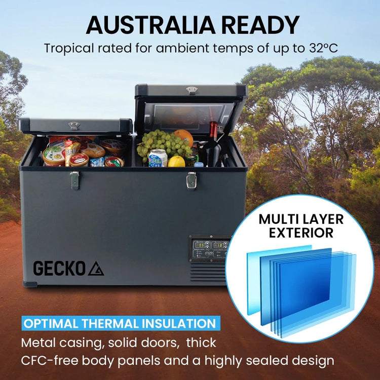 Gecko 75L Dual Zone Portable Fridge/Freezer, Secop German Brand Compressor, for Camping, Car, Caravan