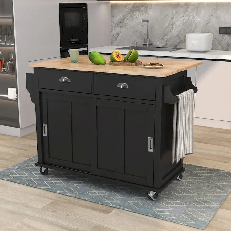 Kitchen Cart with Rubber Wood Drop-Leaf Countertop, Concealed Sliding Barn Door Adjustable Height, Kitchen Island on 4 Wheels