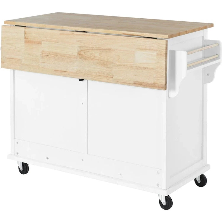 Kitchen Cart with Rubber Wood Drop-Leaf Countertop, Concealed Sliding Barn Door Adjustable Height, Kitchen Island on 4 Wheels
