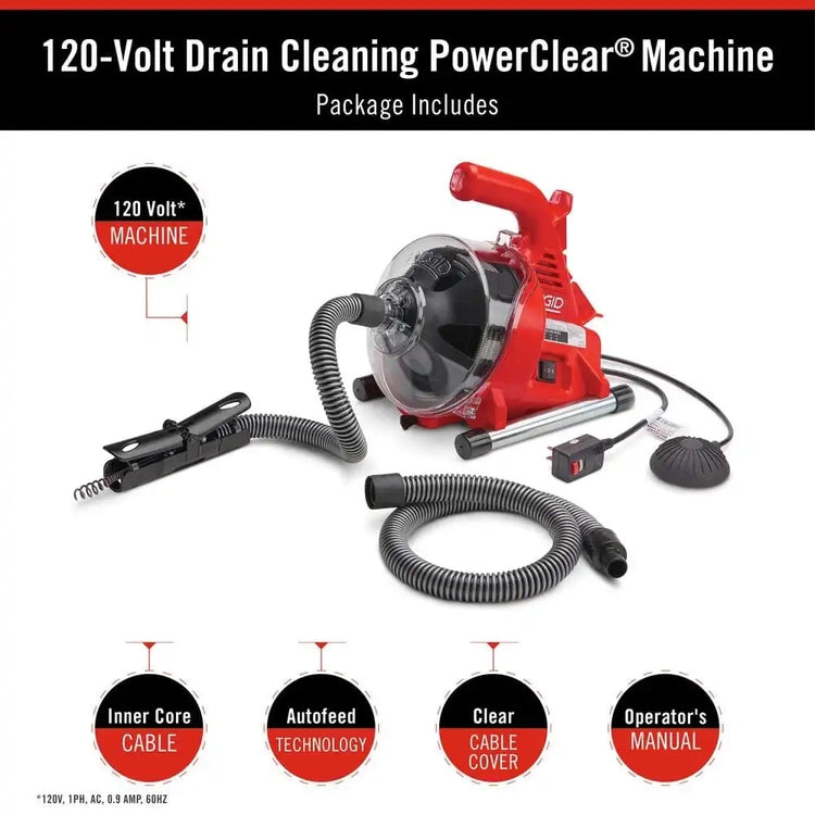 Ridgid Powerclear 120-Volt Drain Cleaning Snake Auger Machine for Heavy Duty Pipe Cleaning for Tubs, Showers, and Sinks 55808