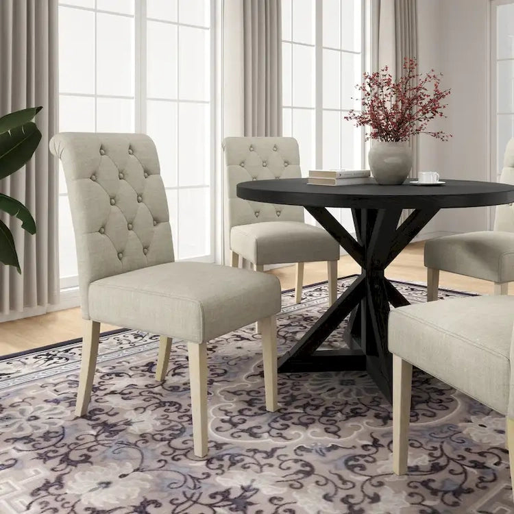 5 Piece Dining Table Set, Wooden Kitchen Furniture Set, Round Table with Cross-Buck Pedestal Base and 4 Tufted Chairs