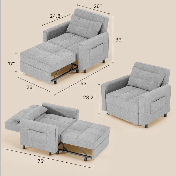 3-in-1 Pull-Out Sofa Bed Sleeper Chair, Convertible Adjustable Foldable Upholstered Lounge Couch