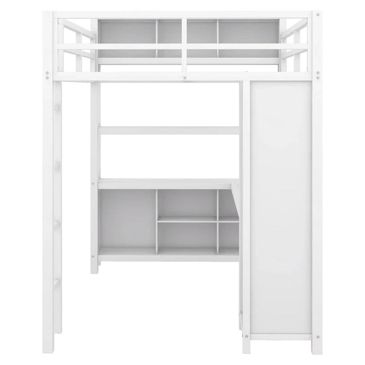 Off-White Metal Loft Bed with Desk and Wardrobe - Full Size