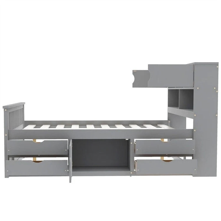 Twin/Full Size Captain Platform Bed with 4 Drawers and Storage Shelves, Solid Wood Bed Frame with Storage Bookcase Headboard