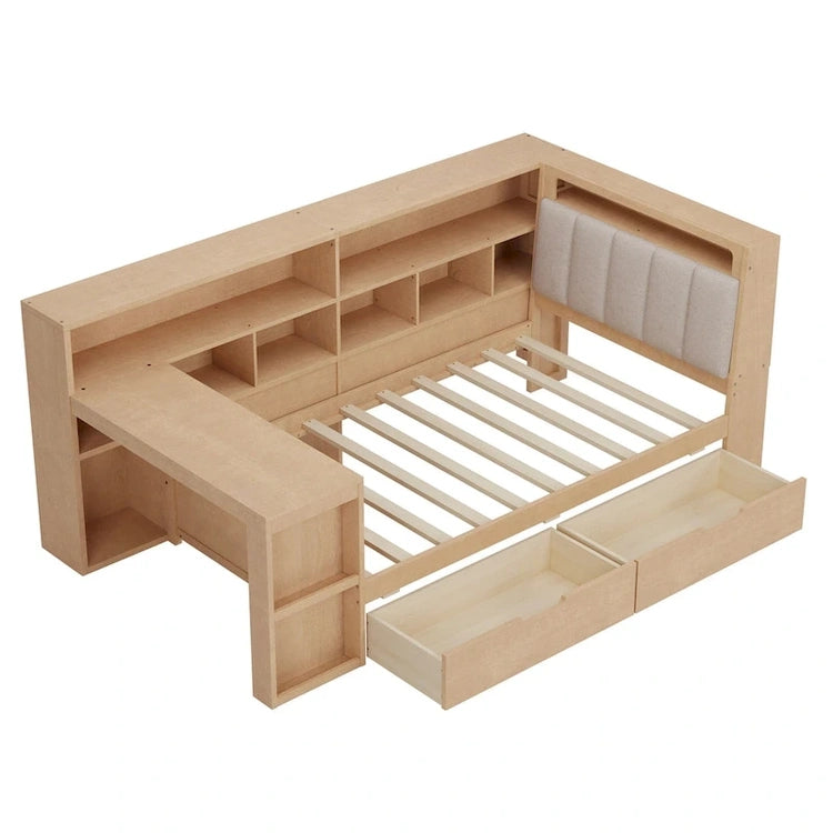 L-Shaped Wooden Sofa Daybed with Desk, Bookcase Cabinet, Corner Bed with Under-Bed Drawers, Upholstered Headboard Built-in Light