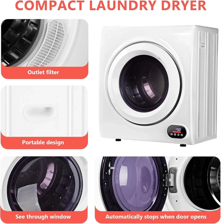 Compact Laundry Dryer, 3.5 Cu. Ft. Front Load Stainless Steel Clothes Dryers with Exhaust Pipe, 1500W