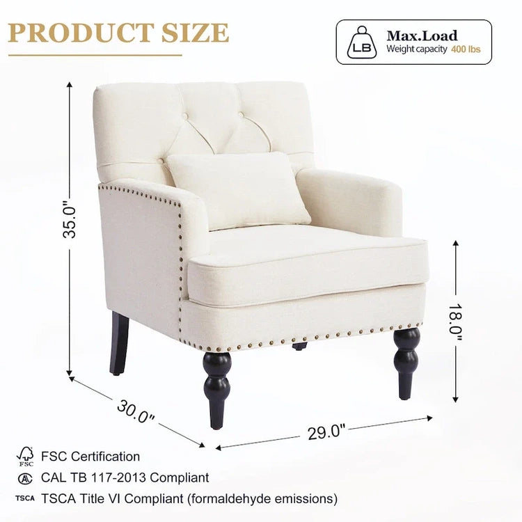Set of 2 Arm Chair Upholstered Button Tufted Accent Chair with Lumbar Pillow Beige/Grey/Light Blue