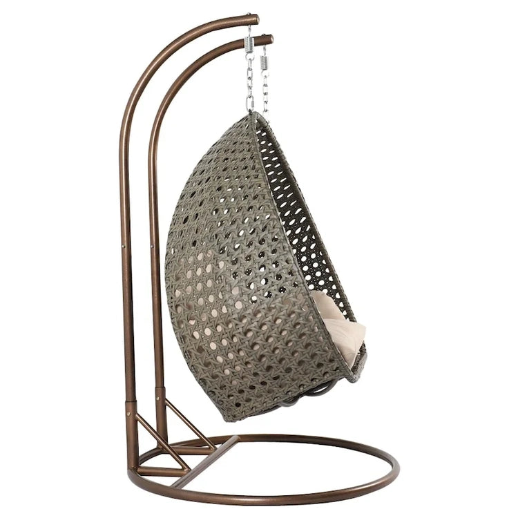 Leisuremod 2 Person Hanging Egg Chair with Stand - Outdoor/Indoor Rattan Wicker Patio Swing Hammock Lounger with Cushions