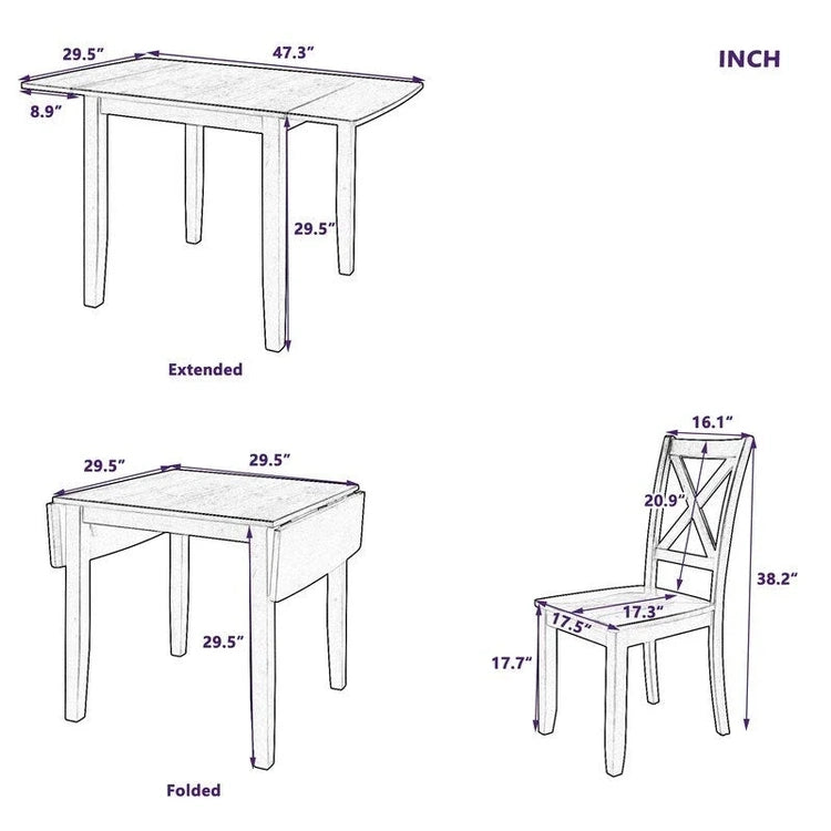 3-Piece Wood Drop Leaf Breakfast Nook Dining Table Set with 2 X-Back Chairs for Small Places
