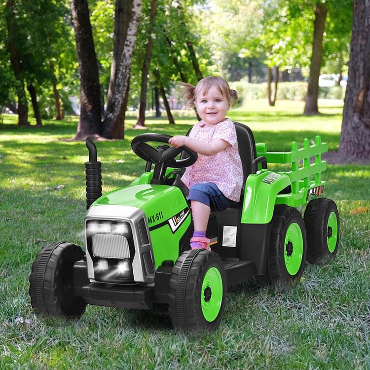 Kids Ride on Tractor W/Trailer 12V Battery Powered Electric Riding Toy Car Vehicle with 3-Gear-Shift Ground Loader