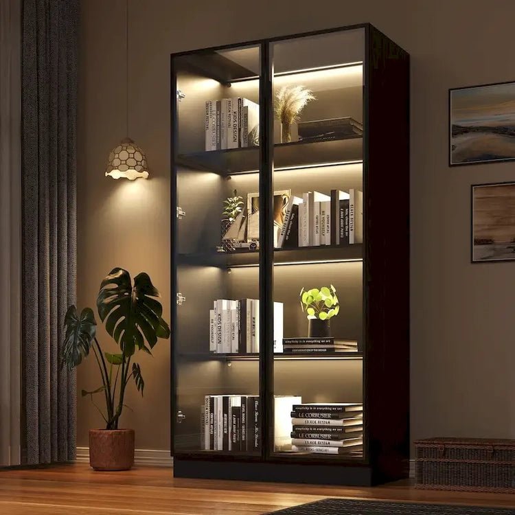 Display Storage Cabinet, Display Cabinet with Tempered Glass Doors, Showcase with 4-Tier Storage Shelves