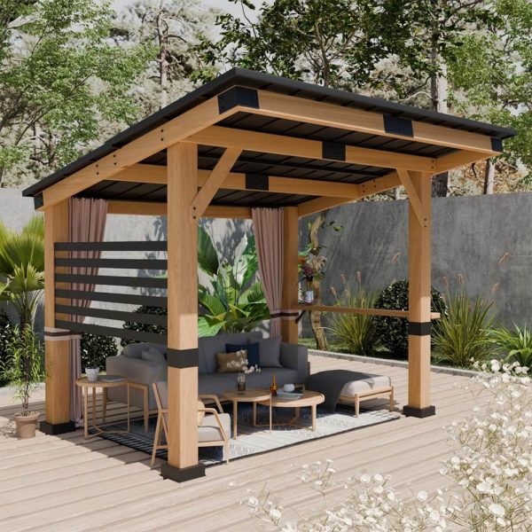 10x12FT Heavy Duty Outdoor All-Season Wooden Cedar Hardtop Gazebo with Metal Roof & Back Curtains (SAK57184)