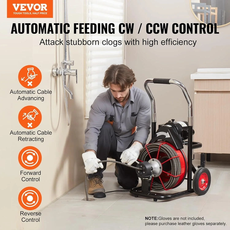 Drain Cleaner Machine 100FT X 1/2 Inch, Auto Feed Sewer Snake Auger on Wheels, 550W Portable Drain Cleaning Machine