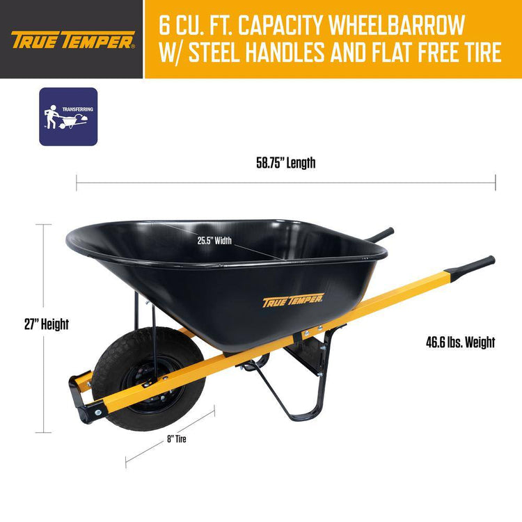 True Temper R6STFFEC 6 Cu. Ft.. Barrow in a Box Steel Wheelbarrow with Never Flat Tire and Steel Handles