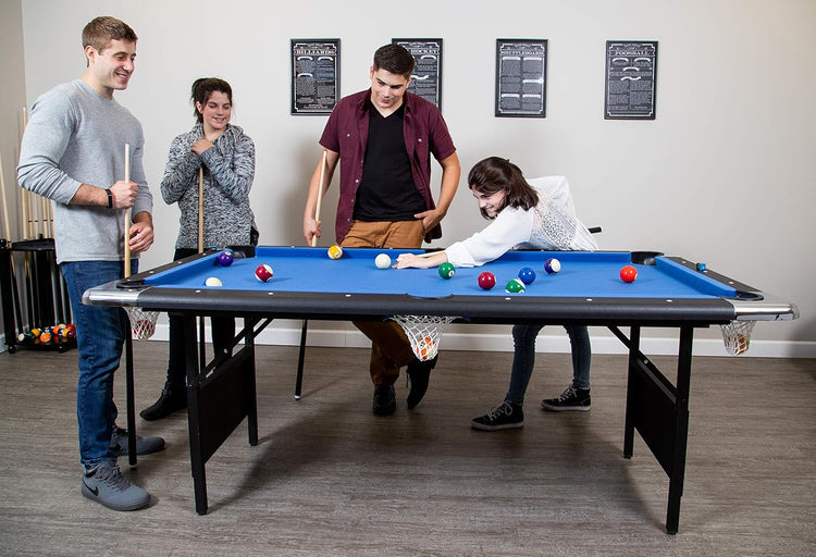 6 Ft Portable Pool Table, Adults Folding Billiards Tables for Game Room with Easy Foldable Storage, Includes Full Set of Billiard Balls, Cues