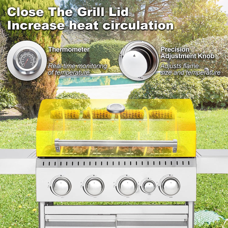 Upgraded 4 Burner BBQ Propane Gas Grill with Cast Iron Grates & Side Stove, 44,000 BTU Stainless Steel Burner Barbecue Grill for Patio, Camping