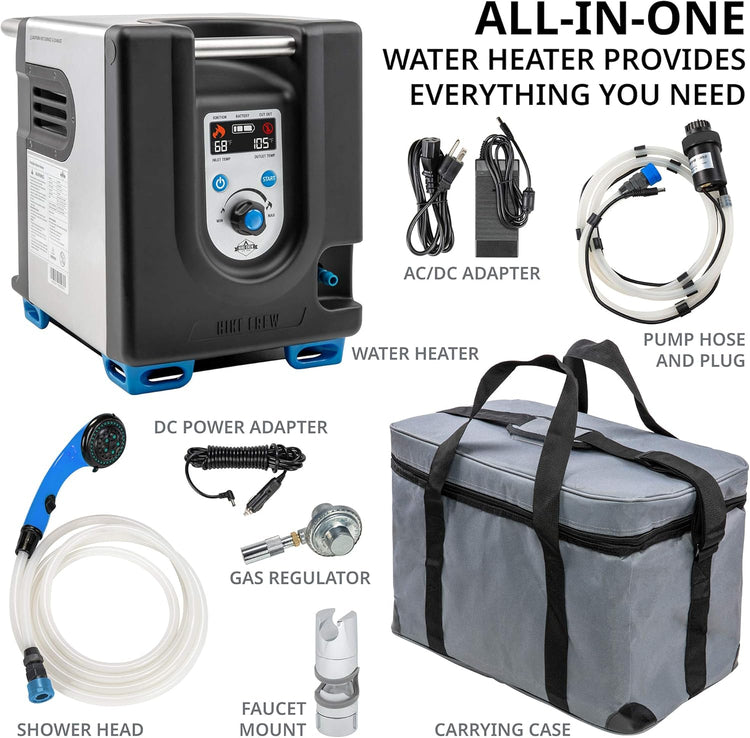Portable Propane Water Heater & Shower Pump W/Built-in Battery, Compact Outdoor Cleaning & Showering System W/LCD, Safety Shutoff & Carry Case