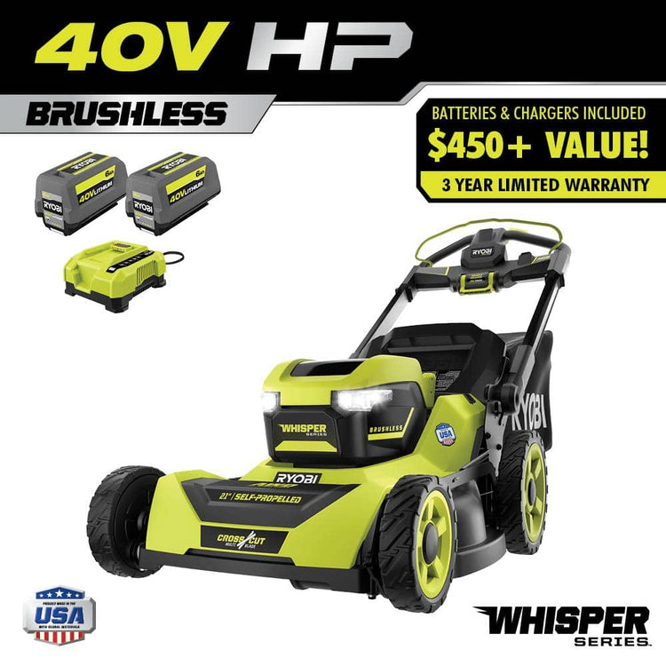 Ryobi 40V HP Brushless 21-in Self-Propelled Awd Lawn Mower - Whisper Series - Includes (2) 6.0Ah Batteries and Charger