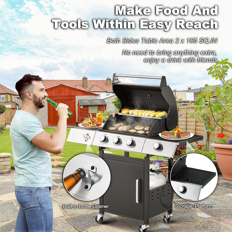 Upgraded 4 Burner BBQ Propane Gas Grill with Cast Iron Grates & Side Stove, 44,000 BTU Stainless Steel Burner Barbecue Grill for Patio, Camping