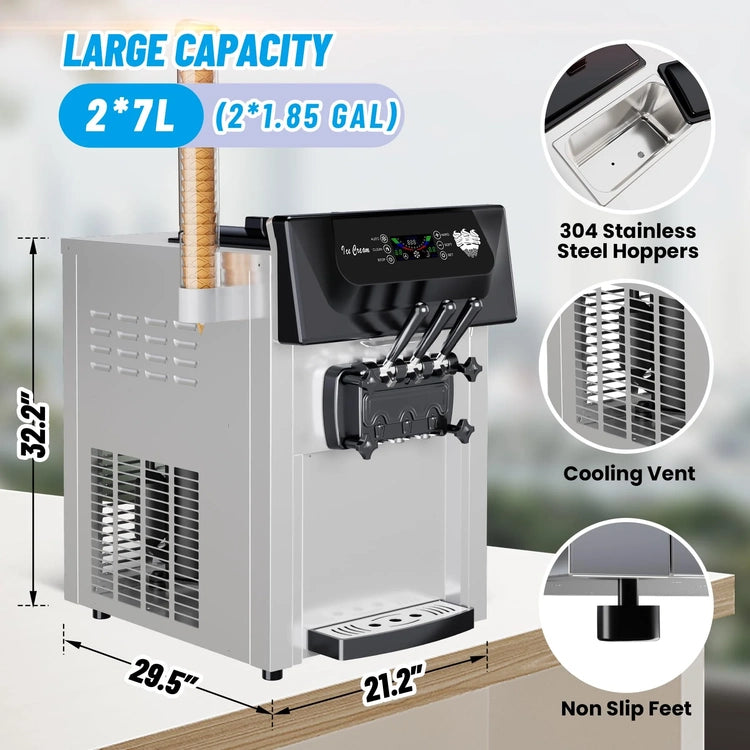 2200W Commercial Ice Cream Machine, 3 Flavor Soft Serve Ice Cream Machine, 5.3-7.4 Gal/Hr, with LCD Touch Screen, Automatic Cleaning