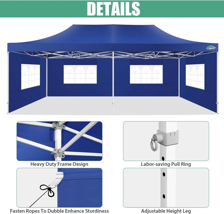Cobizi 10x20 Heavy Duty Pop up Canopy Tent with 6 Sidewalls Easy up Commercial Outdoor Canopy Wedding Party Tents