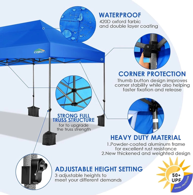 Cobizi 10x20 Heavy Duty Pop up Canopy Tent with 6 Sidewalls Easy up Commercial Outdoor Canopy Wedding Party Tents