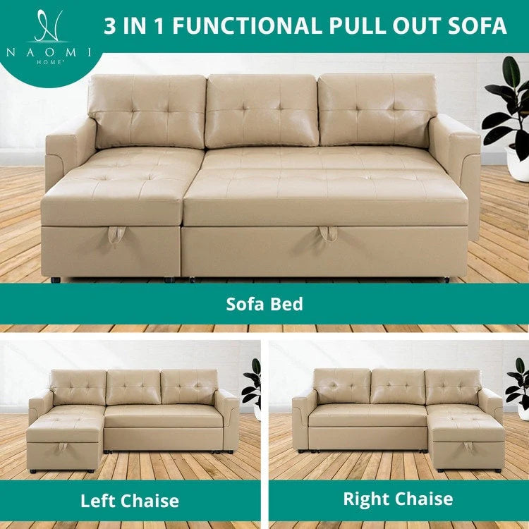 Reversible Sectional Sofa with Pull-Out Sleeper Bed, Hidden Storage Chaise, Durable Legs