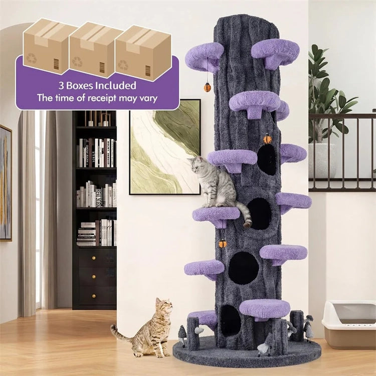 90.5" Tall Simulation Cat Tree, Modern Realistic Multi-Level Cat Tower w/5 Condos & Sisal Scratch Pad, Large Lifelike Indoor Cat Tree