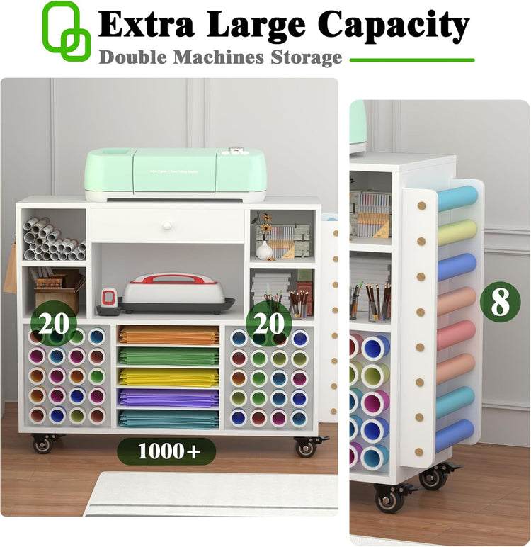 Craft Organization and Storage Cart Compatible with Cricut Machine, Rolling Craft Organizer with Large Drawer & 48 Vinyl Roll Holder